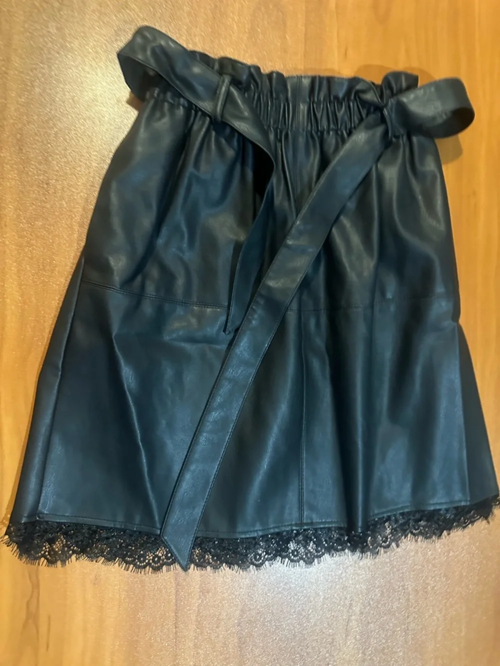 Zara Black Faux Leather Mini Skirt with Lace Trim - Size S